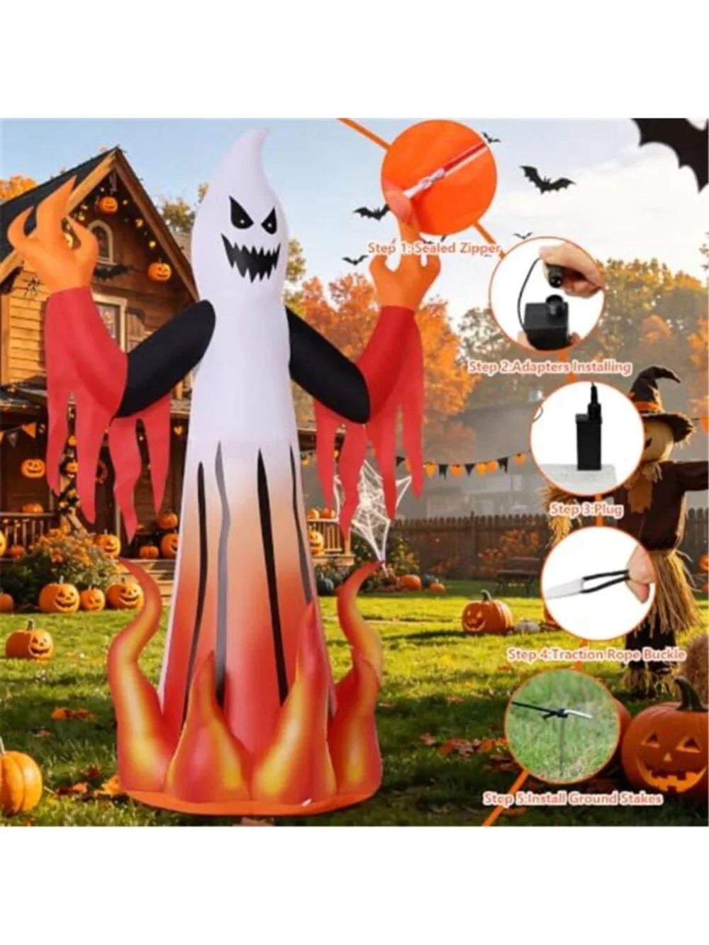 Halloween Inflatables 8FT Scary Ghost with Flames for Outdoor Yard Decor